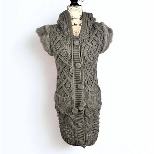 Sweet by Miss Me Gray Cable Knit Hooded Long Sweater Vest Faux Fur Trim Small